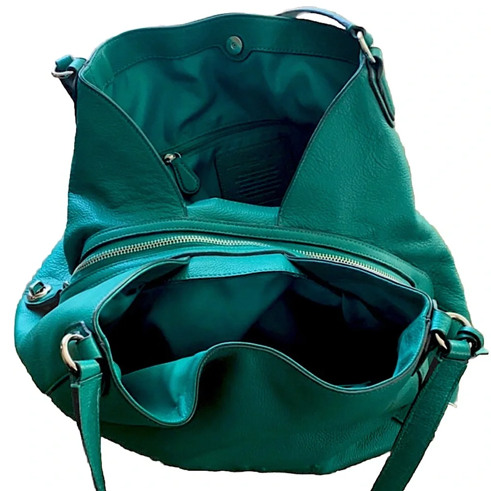 COACH Edie Green Leather Horse and Carriage Embossed Three Section Shoulder Bag